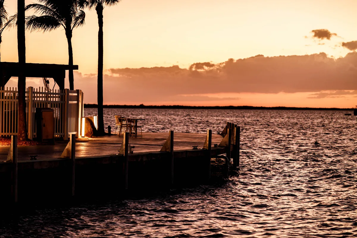 Sundowners dock and Florida Bay at sunset