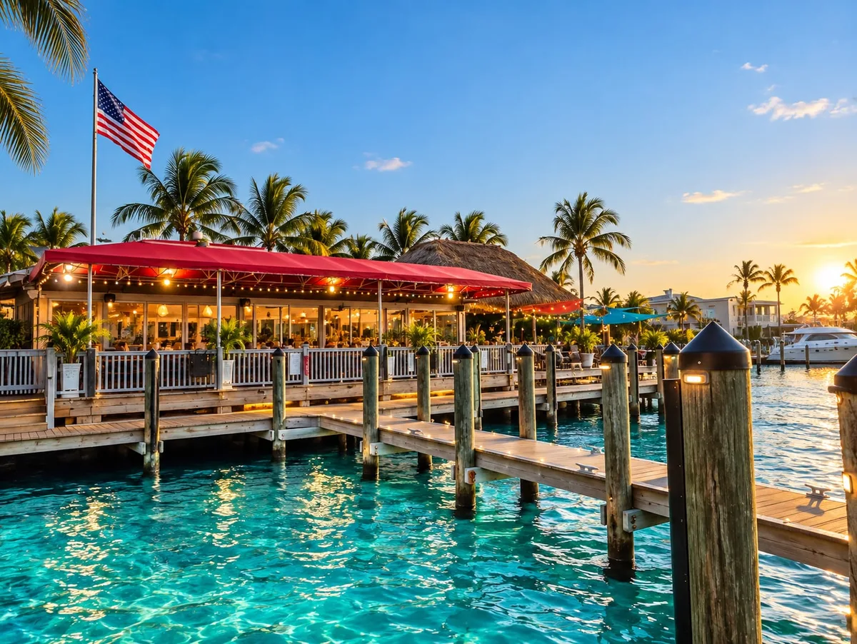 Dock beside Sundowners restaurant on Florida Bay at sunset