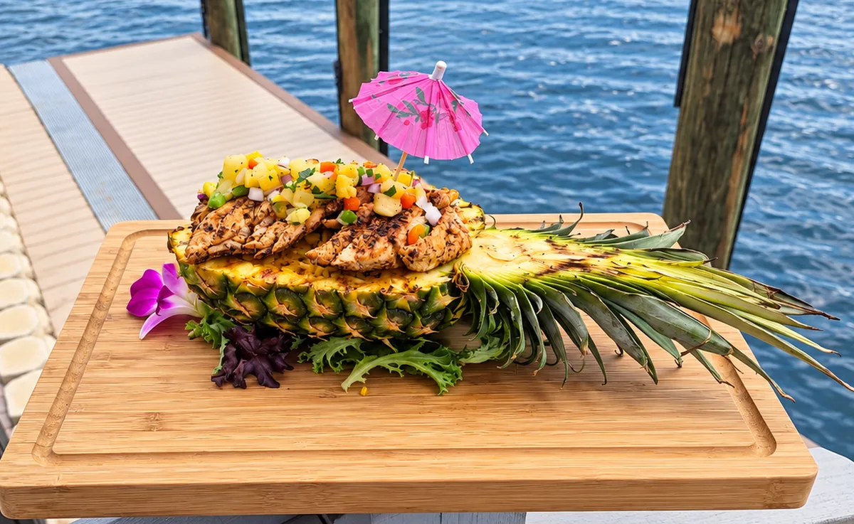 Grilled entrée served in a pineapple with fruit salsa beside Florida Bay