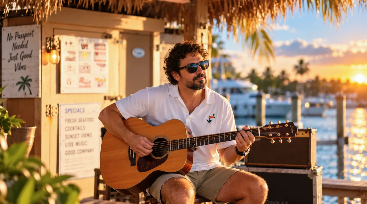 Guitarist performing beside the water at Sundowners