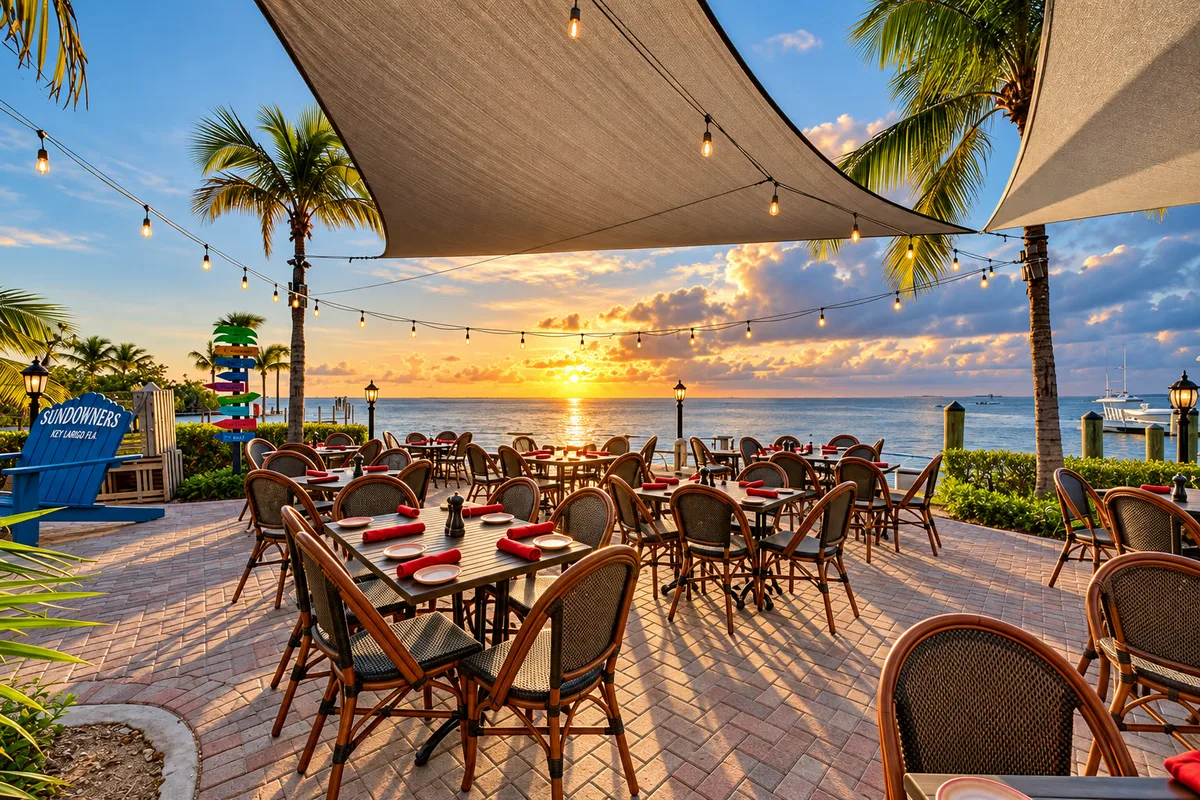 Sundowners outdoor patio set for dining beside Florida Bay at sunset