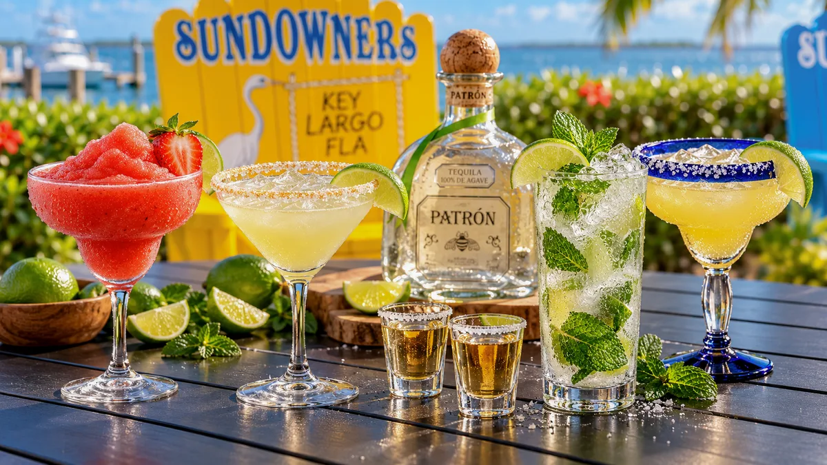Cocktails and tequila on a Sundowners table beside Florida Bay