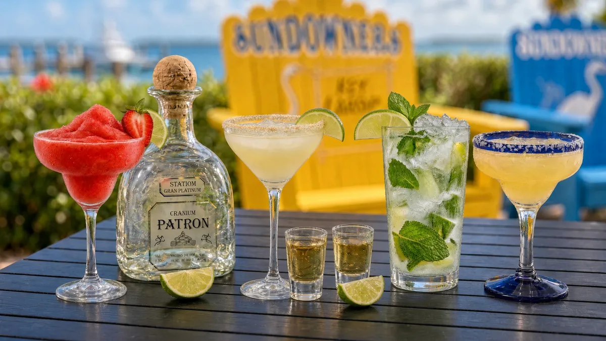 Cocktails and margaritas on an outdoor table at Sundowners