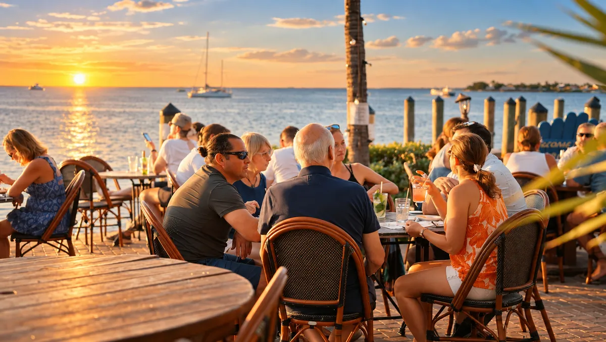 Guests dining beside Florida Bay at sunset at Sundowners