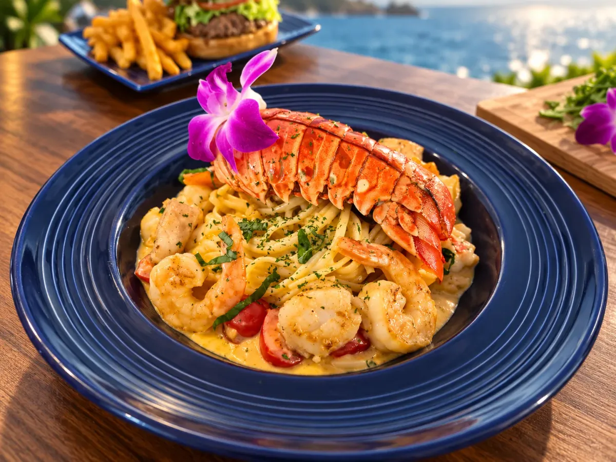 Tutto Mare seafood pasta with lobster and shrimp on a blue plate