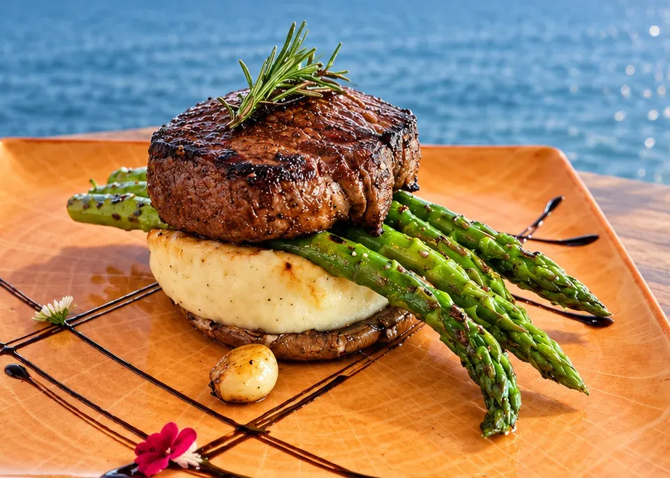 Wagyu filet with rosemary and asparagus on a waterfront table