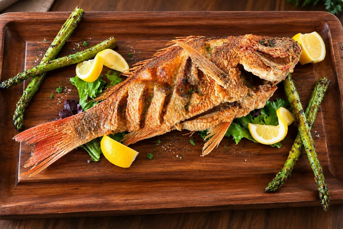 Crispy whole fish served on a wooden platter with lemon
