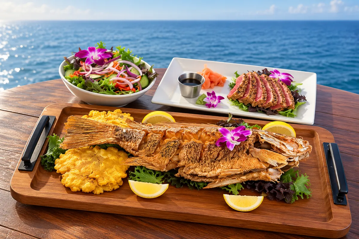 Crispy whole fish on a wooden platter beside seared tuna and salad overlooking the water